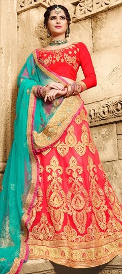 Mehendi Sangeet, Party Wear Pink and Majenta color Lehenga in Net fabric with Border, Embroidered, Stone, Thread, Zari work : 771808