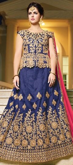 Party Wear Blue color Long Lehenga Choli in Silk fabric with Embroidered, Resham, Thread work : 771953