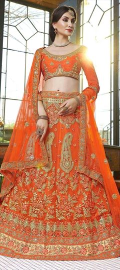 Mehendi Sangeet, Party Wear Orange color Lehenga in Net fabric with Embroidered, Stone, Thread, Zari work : 773251