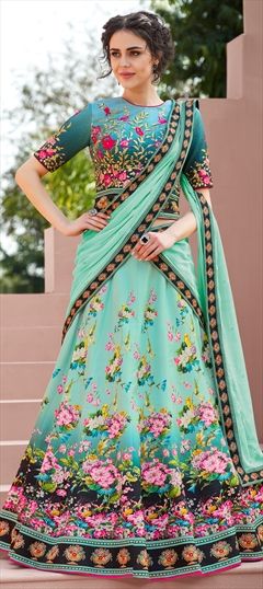 774849 Blue  color family Brides maid Lehenga, Mehendi & Sangeet Lehenga in Satin Silk fabric with Floral, Printed, Stone work .