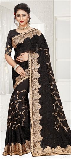 775316 Black and Grey  color family Bridal Wedding Sarees in Georgette fabric with Machine Embroidery, Resham, Stone, Thread, Zari work   with matching unstitched blouse.