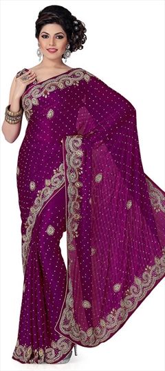 776527 Purple and Violet  color family Bridal Wedding Sarees in Georgette fabric with Resham, Stone, Thread, Zircon work   with matching unstitched blouse.