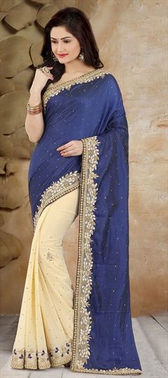 776546: Bridal Beige and Brown, Blue color Saree in Art Silk, Georgette fabric with Resham, Stone, Thread, Zircon work
