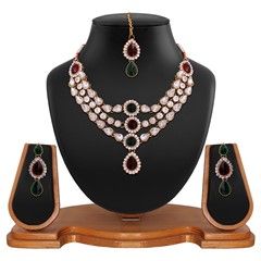 802802 Green, Red and Maroon  color family Necklace in Metal Alloy Metal with Austrian diamond, Kundan stone  and Gold Rodium Polish work