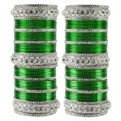 Green, Silver color Bangles in Brass studded with CZ Diamond & Silver Rodium Polish : 803914