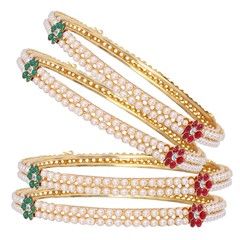 Green, Red and Maroon color Bangles in Metal Alloy studded with Austrian diamond, Beads, Pearl & Enamel : 805724