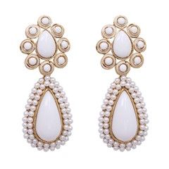 805756 White and Off White  color family Earrings in Metal Alloy Metal with Austrian diamond, Pearl stone  and Enamel work