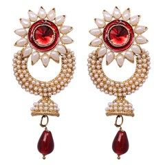805758 Red and Maroon, White and Off White  color family Earrings in Metal Alloy Metal with Austrian diamond, Beads, Pearl stone  and Enamel work
