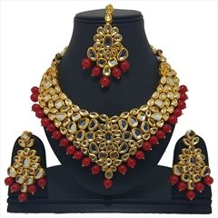 813838 Red and Maroon  color family Necklace in Metal Alloy Metal with CZ Diamond, Kundan stone  and Gold Rodium Polish work