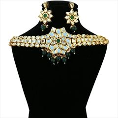 814564 Green, White and Off White  color family Necklace in Metal Alloy Metal with CZ Diamond, Kundan stone  and Gold Rodium Polish work