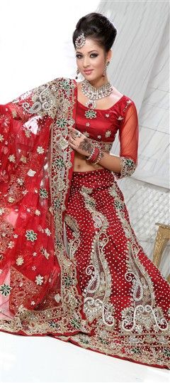 83362 Red and Maroon color family Wedding Lehnga in Net fabric with Zardozi, Machine Embroidery, Cut Dana, Stone, Valvet, Patch work.