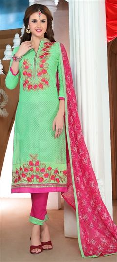 900179 Green  color family Cotton Salwar Kameez, Party Wear Salwar Kameez in Cotton fabric with Machine Embroidery, Resham, Thread work .