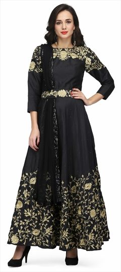 900205 Black and Grey  color family Anarkali Suits in Art Silk fabric with Machine Embroidery, Stone, Thread, Zari work .