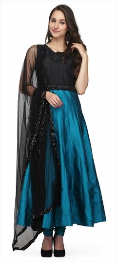 Party Wear Black and Grey, Blue color Salwar Kameez in Art Silk, Raw Dupion Silk fabric with Anarkali Stone work : 900206