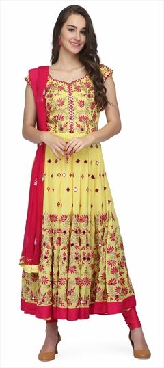900207 Yellow  color family Anarkali Suits in Georgette fabric with Machine Embroidery, Mirror, Thread work .