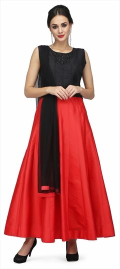 900208 Black and Grey,Red and Maroon  color family Anarkali Suits in Art Silk,Raw Dupion Silk fabric with Stone work .