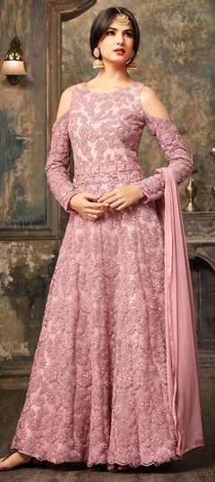 903461 Pink and Majenta  color family Anarkali Suits in Net fabric with Machine Embroidery, Resham, Thread work .