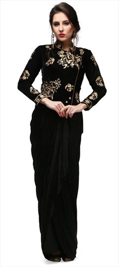 Casual Black and Grey color Gown in Rayon, Velvet fabric with Thread, Zari work : 903474
