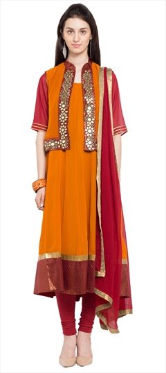 Party Wear Orange color Salwar Kameez in Faux Georgette fabric with A Line Border, Embroidered, Mirror, Thread work : 903515
