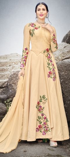 904170 Beige and Brown  color family Anarkali Suits in Art Silk fabric with Machine Embroidery,Stone,Thread work .
