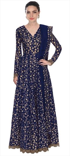 905454 Blue  color family Anarkali Suits in Art Silk fabric with Lace, Machine Embroidery, Thread work .