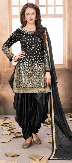 Party Wear Black and Grey color Salwar Kameez in Taffeta Silk fabric with Patiala Mirror, Thread, Zari work : 905455