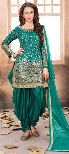 Party Wear Green color Salwar Kameez in Taffeta Silk fabric with Patiala Mirror, Thread, Zari work : 905456