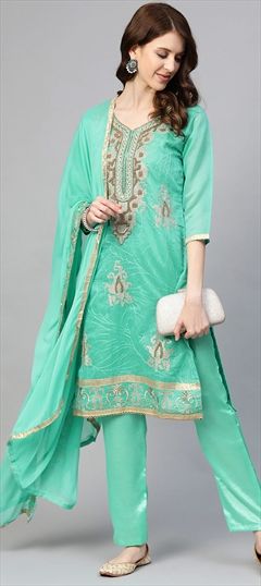 905801: Bollywood Blue color Salwar Kameez in Cotton fabric with Churidar, Straight Embroidered, Resham, Thread, Zari work