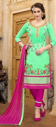 906343 Green  color family Cotton Salwar Kameez, Party Wear Salwar Kameez in Cotton fabric with Machine Embroidery, Resham, Thread work .