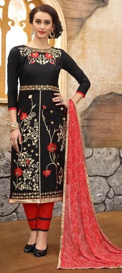 906346 Black and Grey  color family Cotton Salwar Kameez, Party Wear Salwar Kameez in Cotton fabric with Machine Embroidery, Resham, Thread, Zari work .