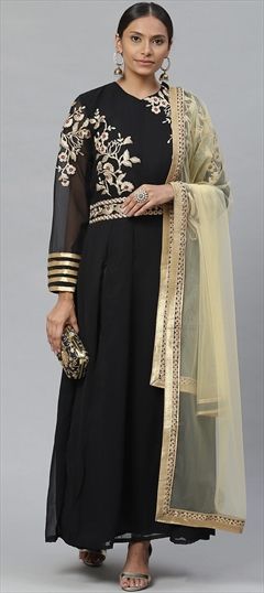Party Wear Black and Grey color Salwar Kameez in Faux Georgette fabric with Slits Embroidered, Stone, Thread, Zari work : 906951