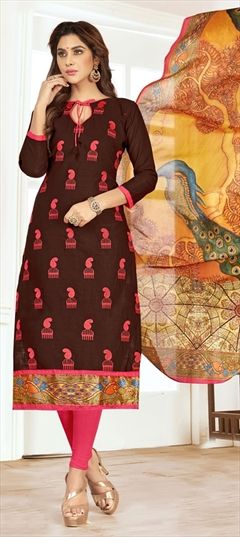 Party Wear Beige and Brown color Salwar Kameez in Cotton fabric with Straight Embroidered, Printed, Thread work : 907570