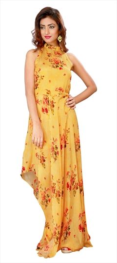 908743 Yellow  color family gown in Faux Chiffon fabric with Floral, Printed work .