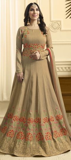 908966 Beige and Brown  color family Anarkali Suits in Raw Silk fabric with Machine Embroidery, Resham, Stone, Thread, Zari work .