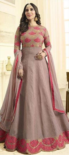 908968 Beige and Brown  color family Anarkali Suits in Raw Silk fabric with Machine Embroidery,Resham,Stone,Thread,Zari work .