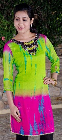 91555 Pink and Majenta, Green color family Kurti in Georgette fabric with Tye n Dye, Bugle Beads work.