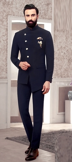 Full Sleeve Flyrobe Shaded Black & Grey Textured Jodhpuri Suit With Pant