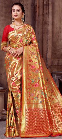 Yellow pure silk with gold zari kanchipuram paithani saree with blouse -  PATIALAPICKS - 4222177