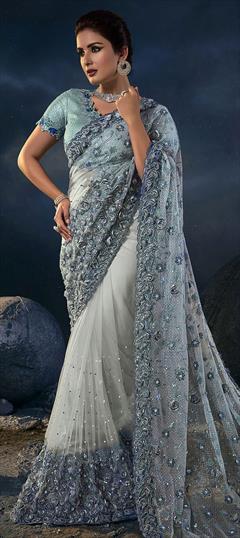 Cement Gray Designer Saree with Heavy Work - Urban Womania