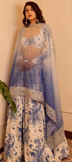 White and Blue Color Embroidered Viscose Georgette Lehenga - Rent