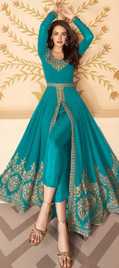 Stitched Persian Blue Salwar Suit Cotton Fabric Online With Cotton Dupatta  | Kiran's Boutique