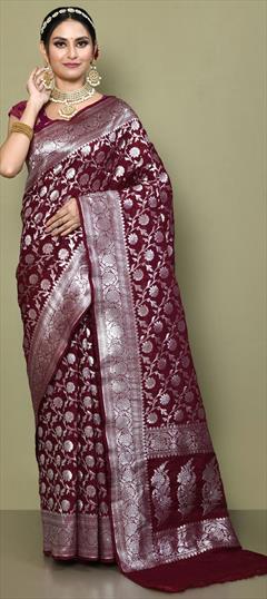 Banarasi Silk Linen Saree | Red and Silver Zari Border | Yellow Body | –  kihums clothing