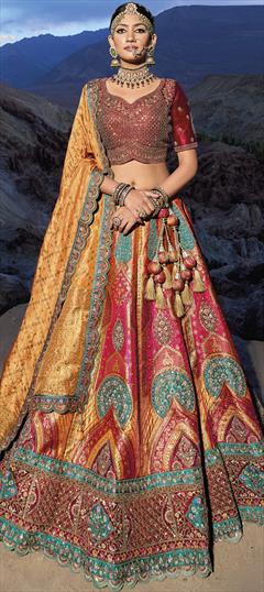 Buy Banarasi Silk Green and Orange Embroidered Designer Lehenga Choli Online