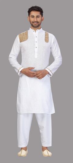 White plain linen pathhani suit with nehru jacket - Sai World Wide - 340489