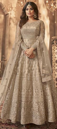Printed Banarasi Silk Long Frock Dress, Anarkali, Half Sleeves at