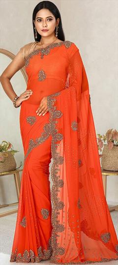 Buy HOUSE OF BEGUM Orange Banarasi Handloom Satin Silk Saree With  Embroidery Work with Blouse Piece | Shoppers Stop