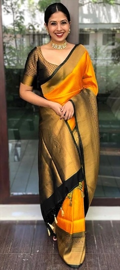 Yellow Color Pure Linen Weaving Work Party Wear Plus Size Saree