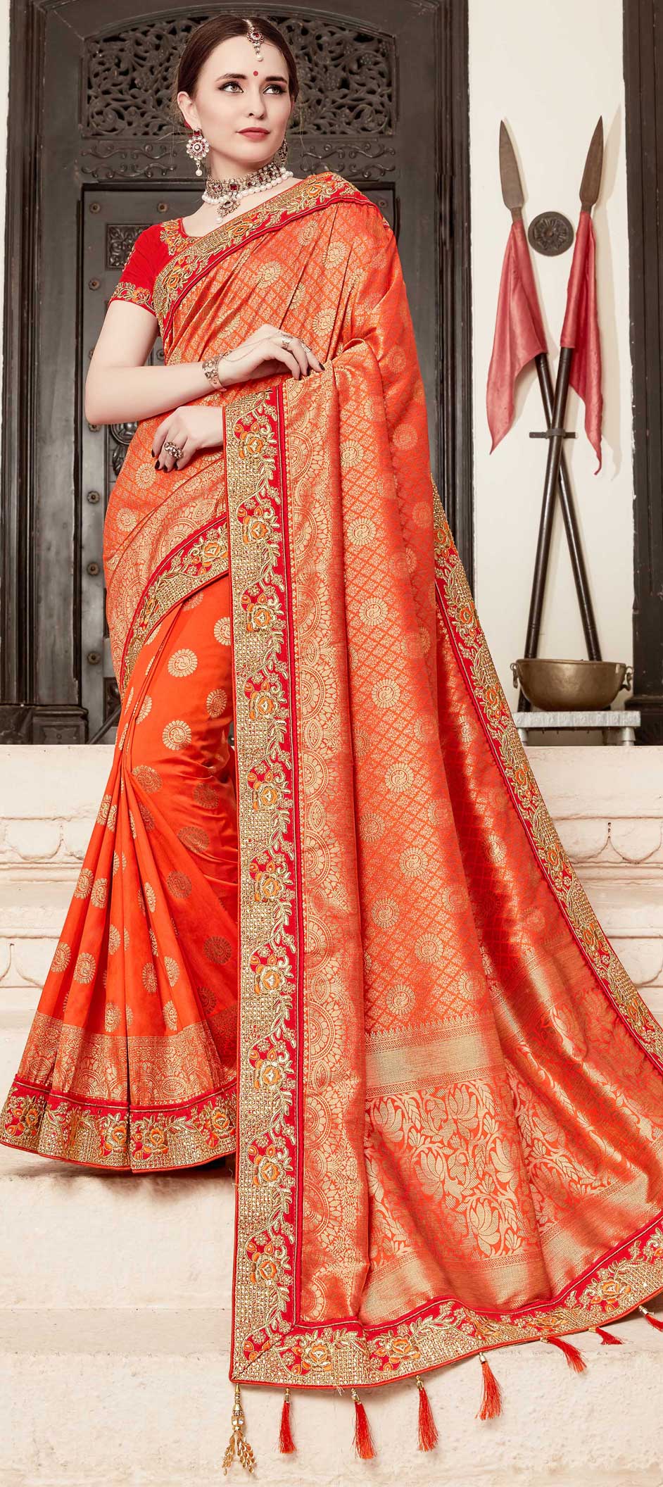 Traditional Wedding Orange Color Banarasi Silk Silk Fabric Saree 1588106 3863