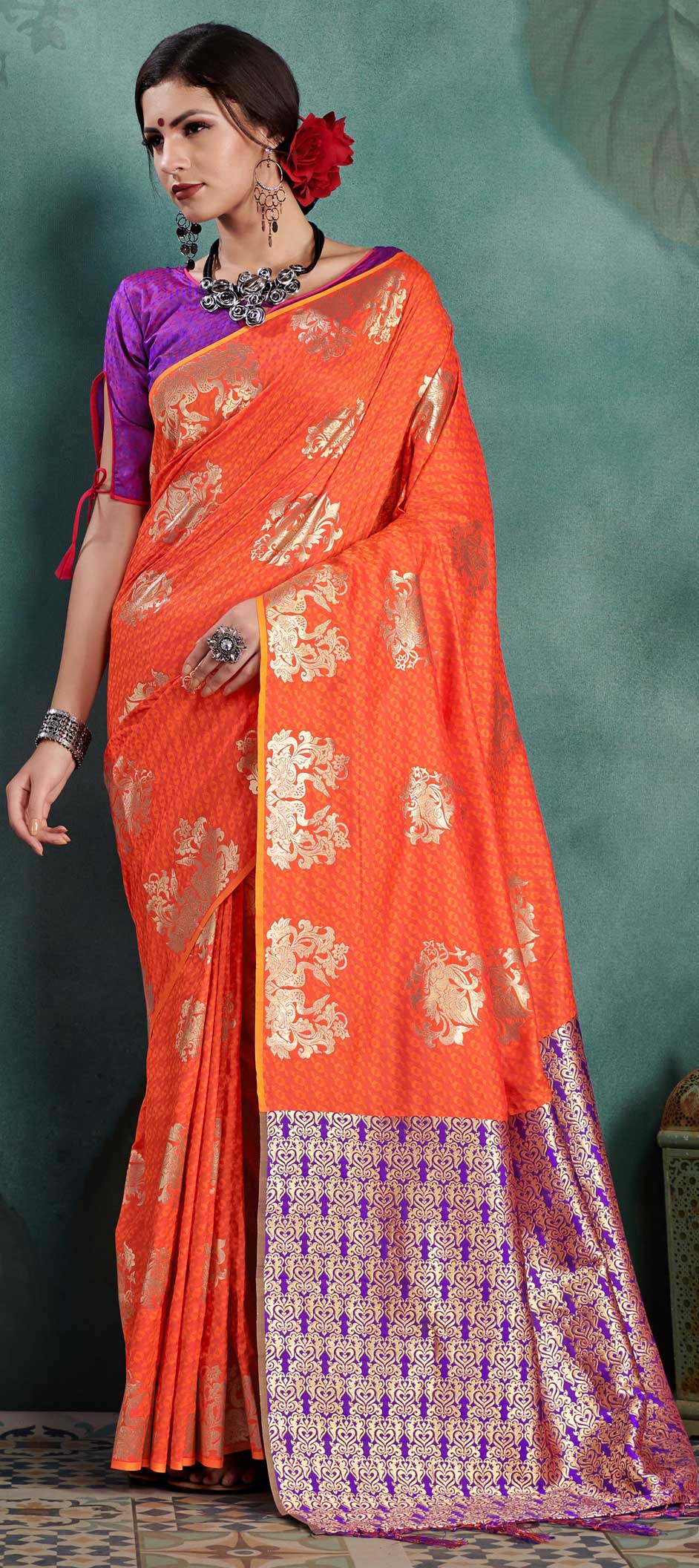 Traditional Orange Color Kanjeevaram Silk Silk Fabric Saree 1594572 6309