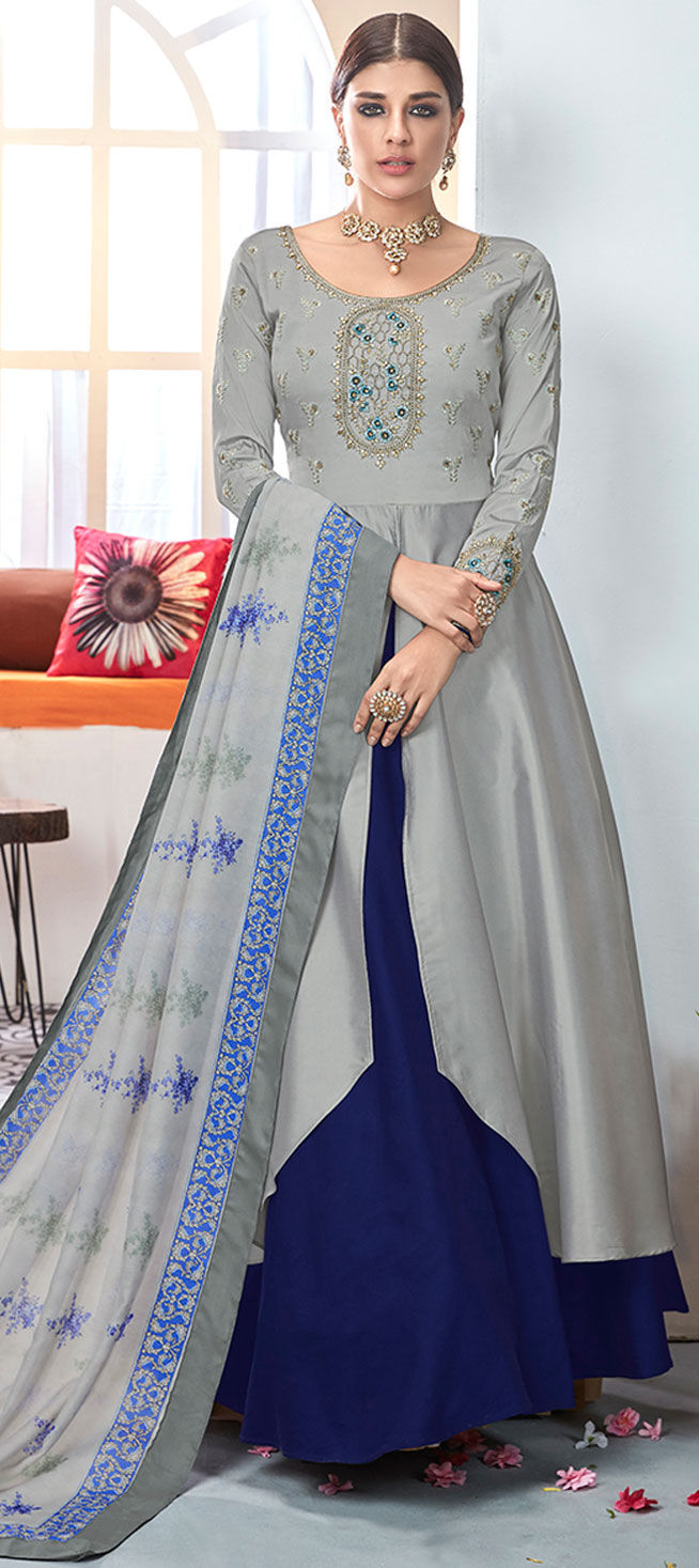 Party Wear Black And Grey Color Satin Silk Fabric Salwar Kameez 1607699 5968